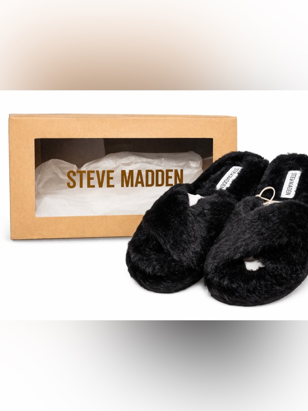 Steve Madden Black Faux Fur Crossband Slides